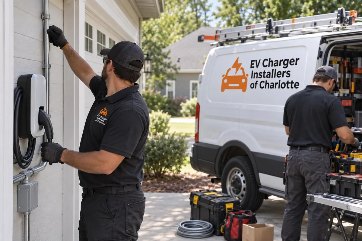 Two EV Charger Installers of Charlotte electricians at work, one fitting conduit beside a wall charger and one at the branded van