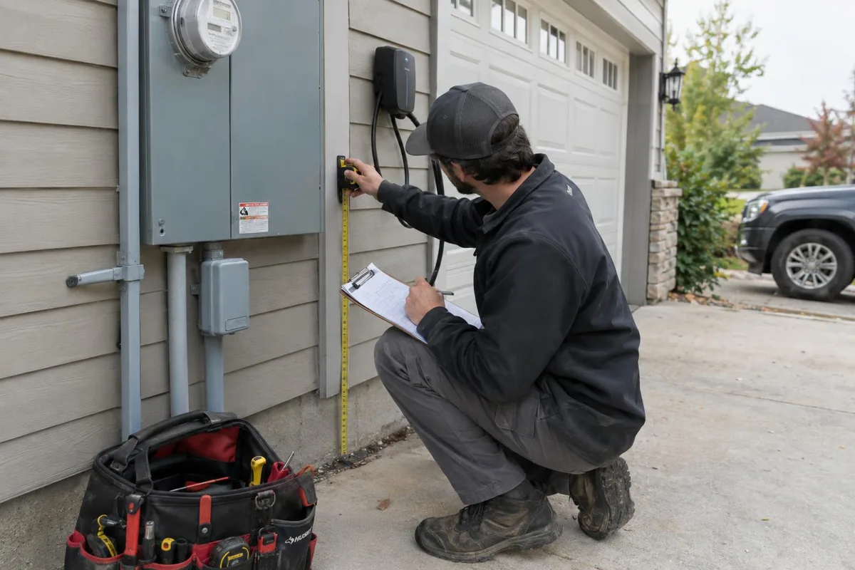 Electrician kneeling beside an outdoor electrical panel, measuring the wall with a tape measure and writing on a clipboard