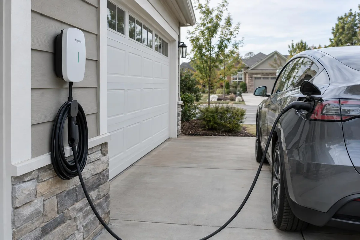 Emporia EV charger mounted on the outside wall of a garage, charging a gray electric SUV in the driveway