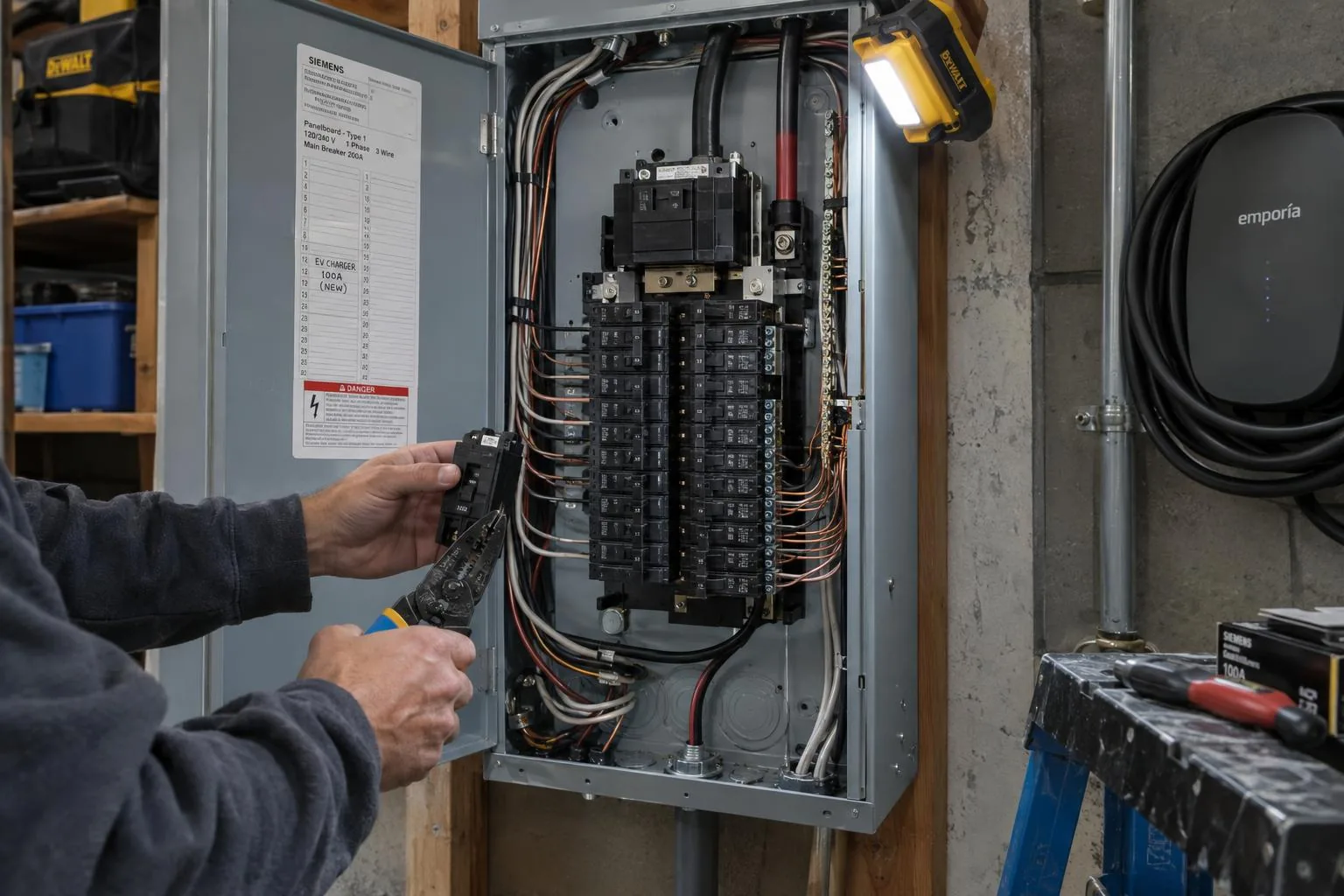 Electrician fitting a new breaker in a 200-amp panel labeled for an EV charger circuit, with an Emporia charger on the wall