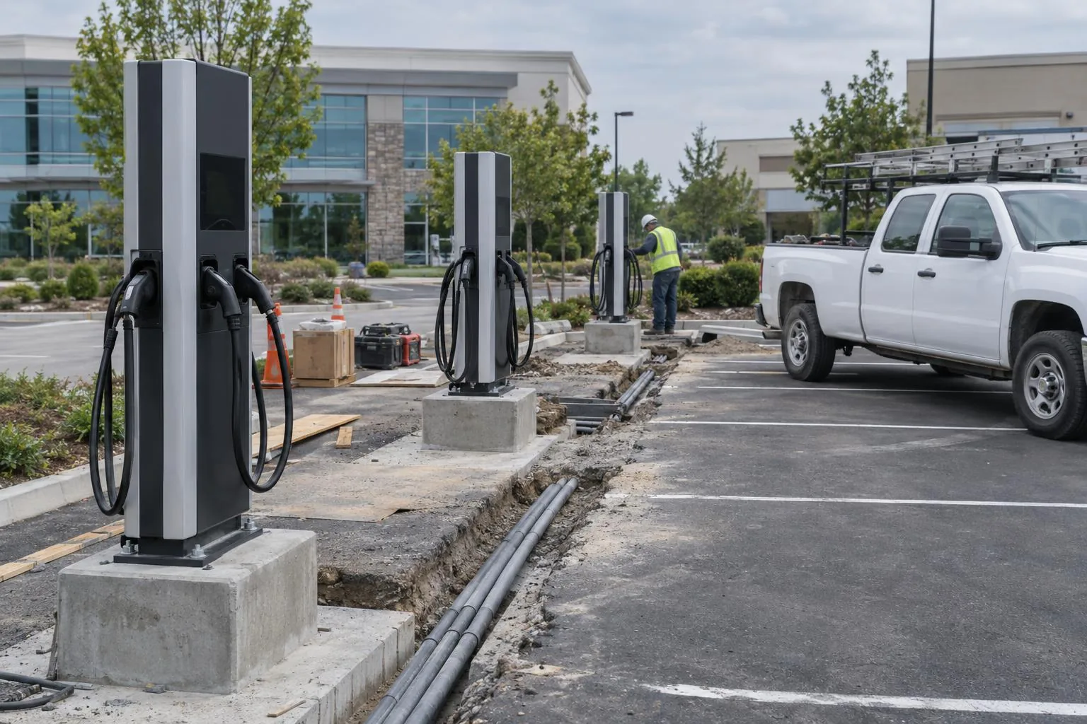 Three commercial EV charging stations on concrete bases in an office parking lot, with conduit in an open trench