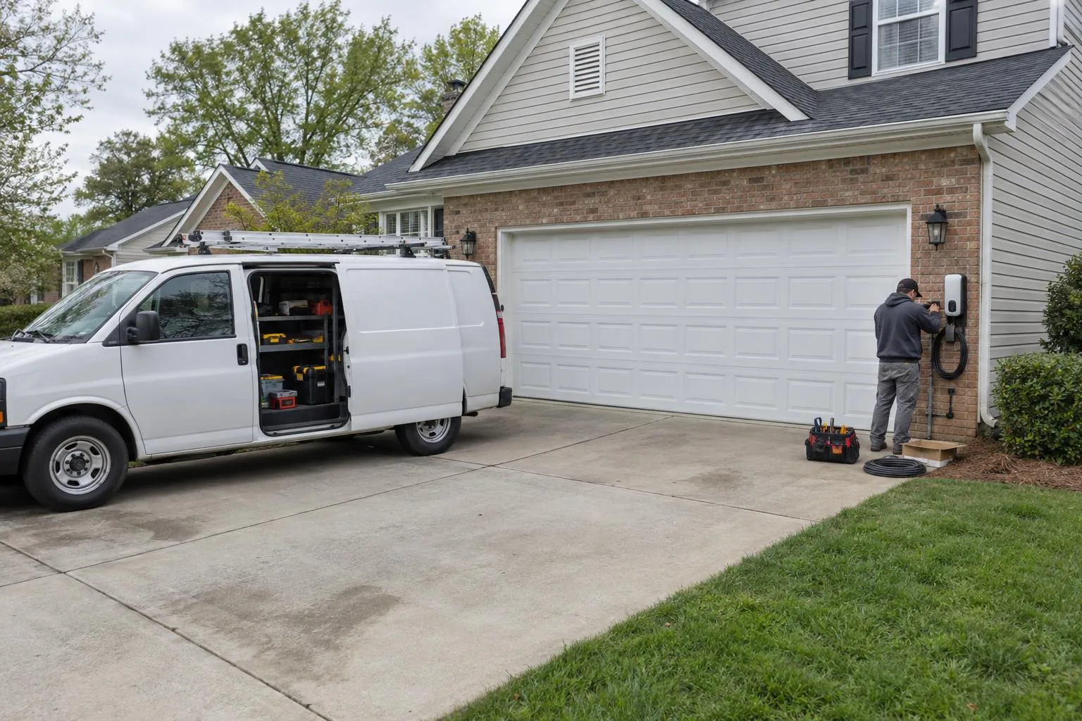 Electrician mounting an EV charger on the brick wall beside a two-car garage, with a work van in the driveway